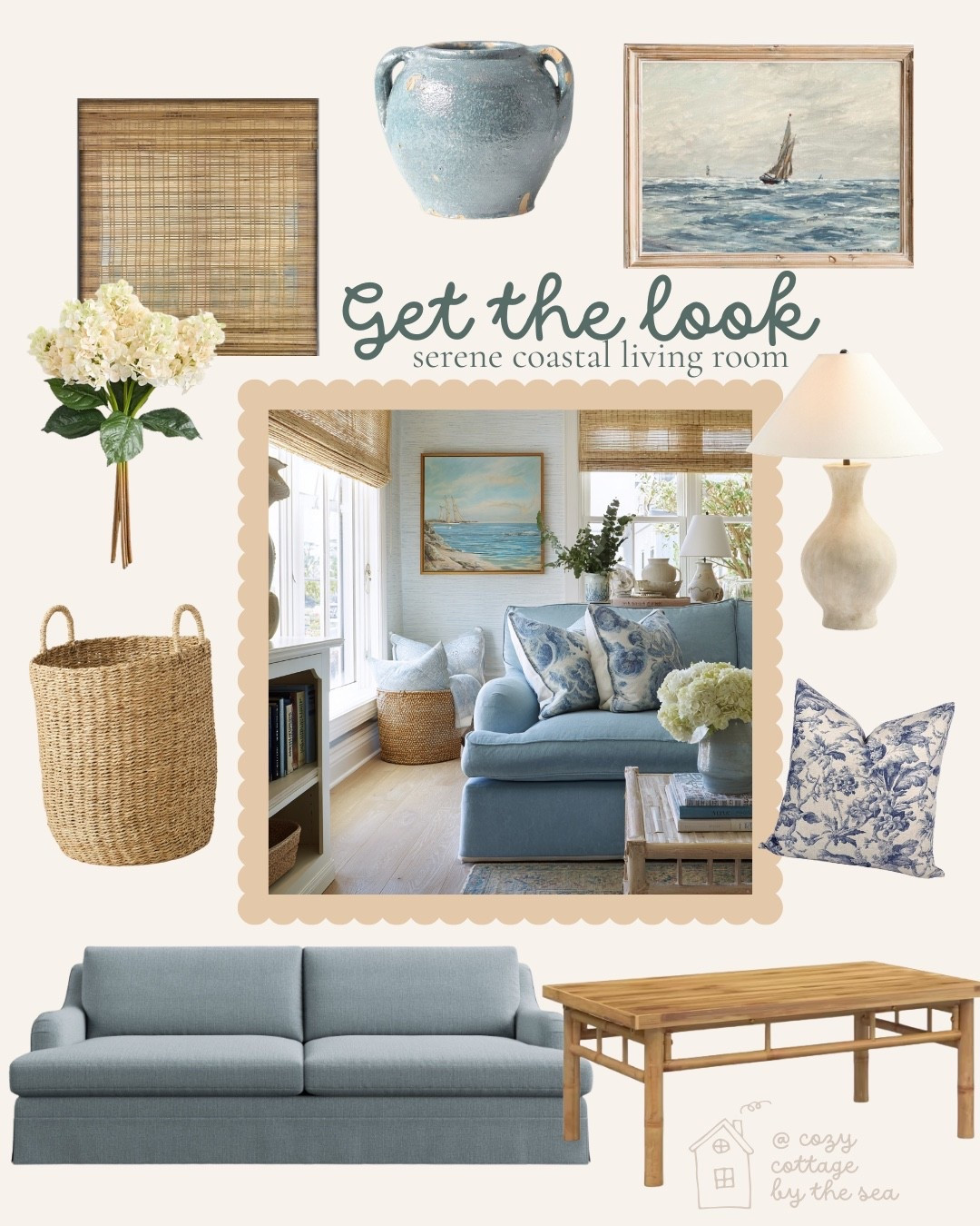 Get the look of this serene coastal living room. Blue and white, blue sofa, bamboo coffee table.

#LTKHome