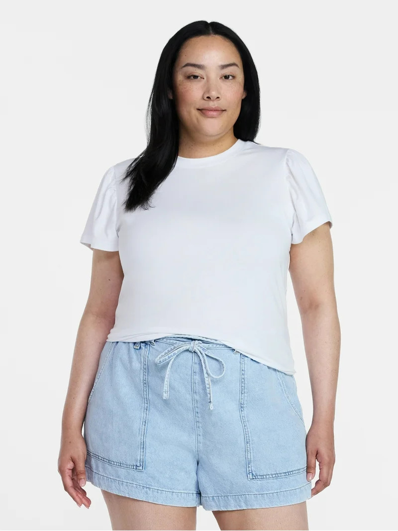 Time and Tru Women's Crewneck Top with Short Flutter Sleeves, Sizes XS-XXXL - Walmart.com | Walmart (US)