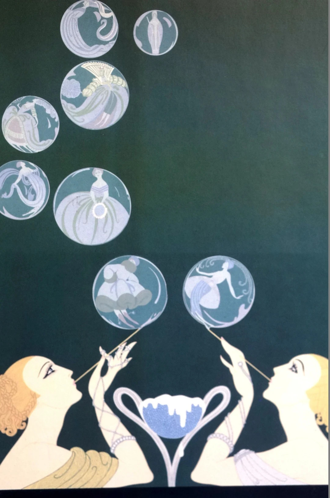 Erte 1982 - Two Beautiful GIRLS BLOWING BUBBLES  - Jewels Dresses Furs -  Professionally Matted A... | Etsy (US)