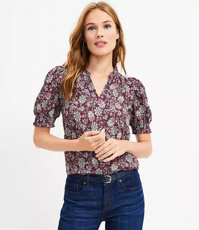 Floral Stitchy Ruffle Puff Sleeve Top | LOFT