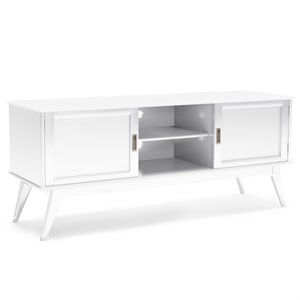Simpli Home Draper Solid Hardood 60 " Mid-Century Modern TV Media Stand in White For TVs up to 65 | Homesquare