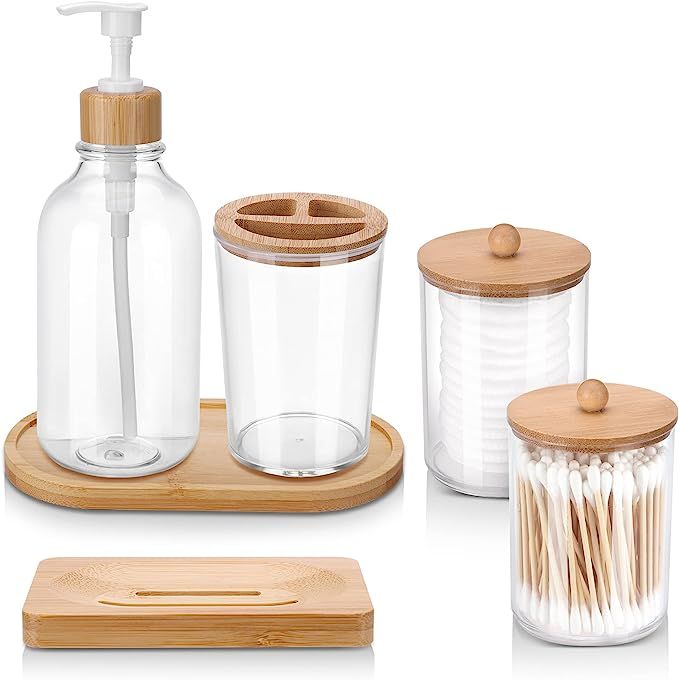 Fixwal Bamboo Bathroom Accessories Set of 6 - Toothbrush Holder, Soap Dispenser, Soap Dish, Tray ... | Amazon (US)