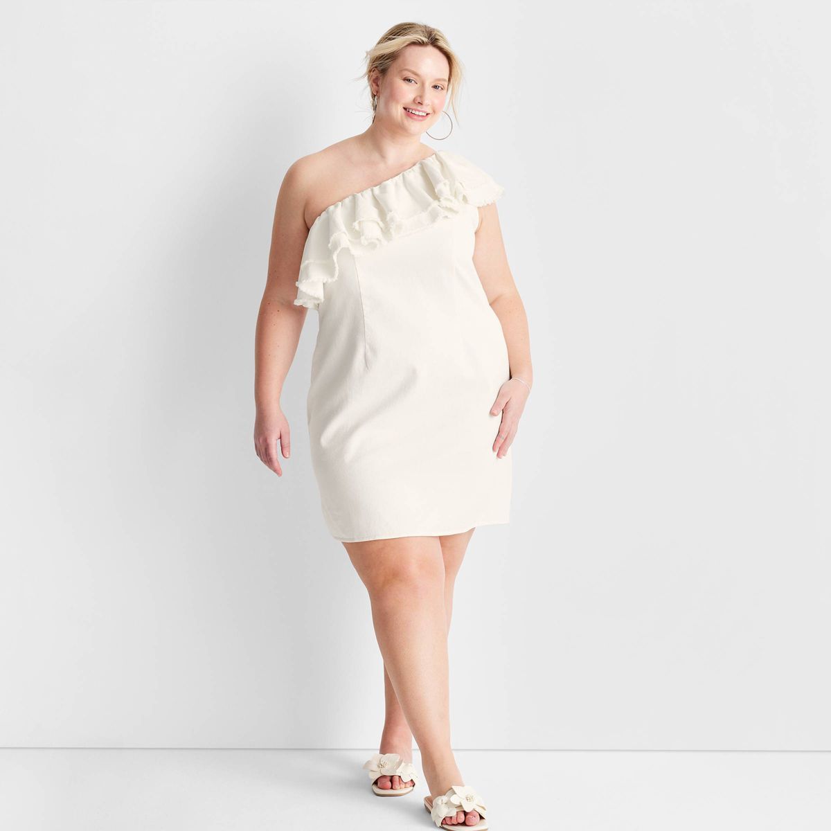 Women's Asymmetrical Ruffle Denim Mini Dress - Future Collective™ with Jenny K. Lopez Cream | Target
