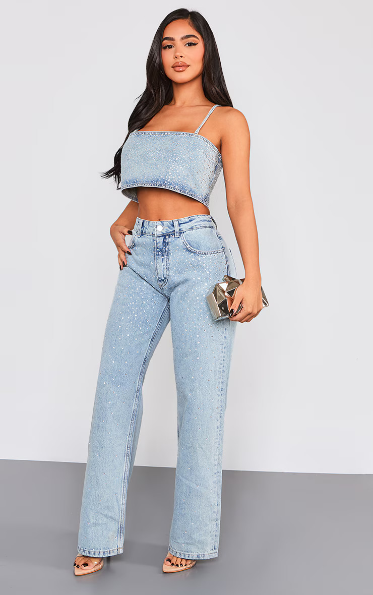 Petite Light Blue Wash Diamante Straight Leg Jeans | PrettyLittleThing US