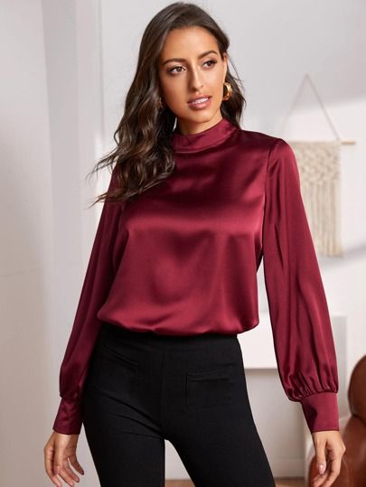 SHEIN Mock-neck Lantern Sleeve Keyhole Back Satin Top | SHEIN