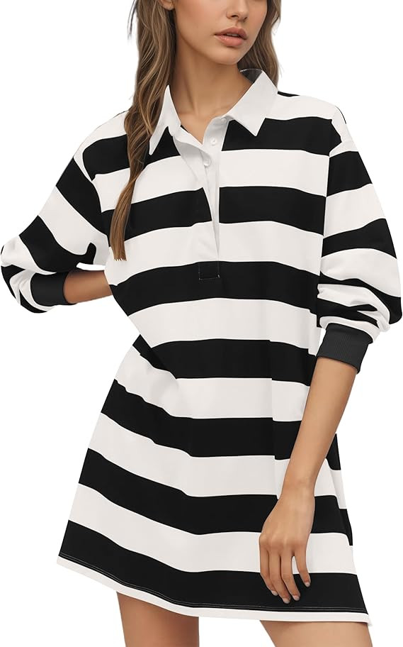 Striped Polo Shirts Mini Dresses for Women Button V Neck Long Sleeve Short Dress Color Block Pull... | Amazon (US)