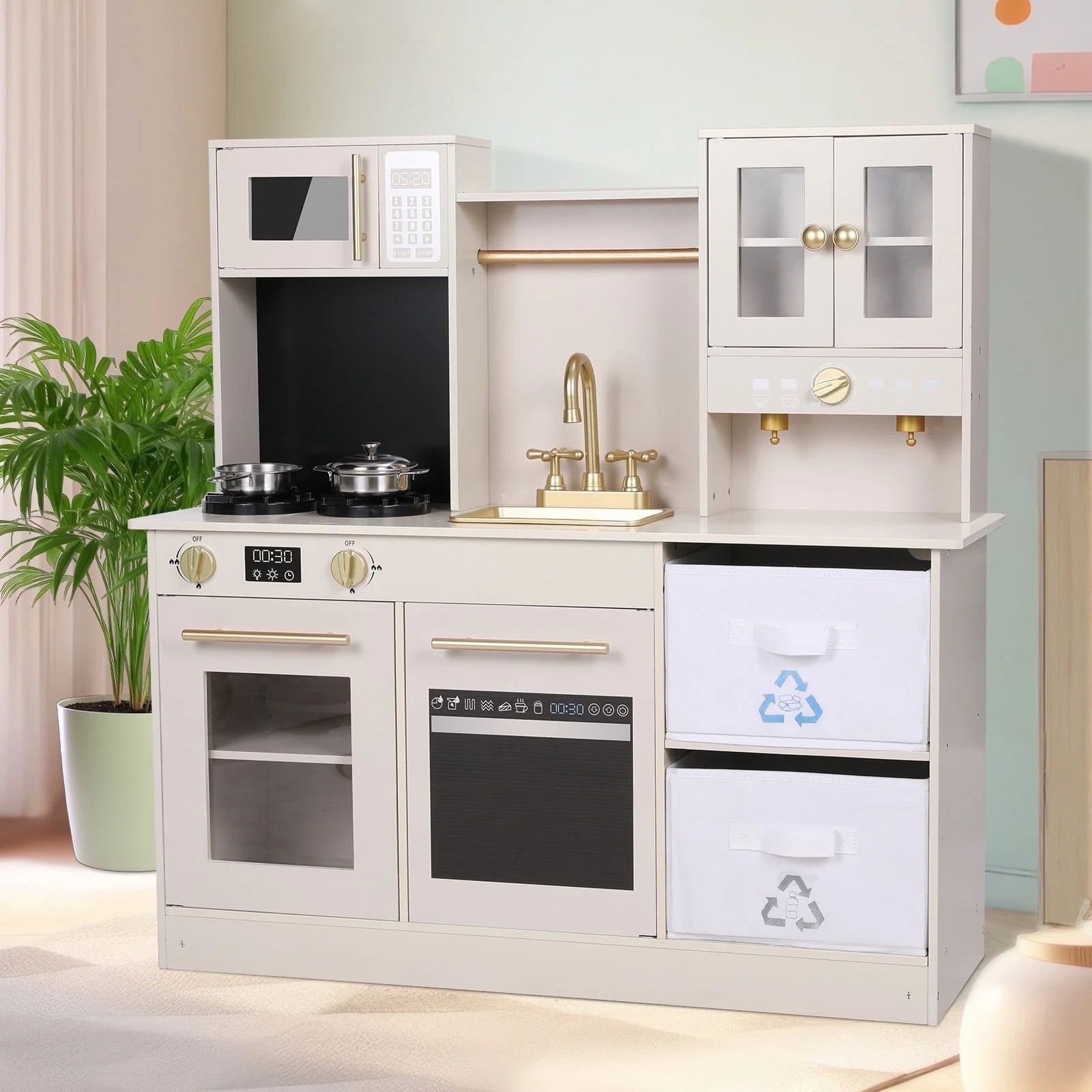 Pirecart Toddler Kitchen Playset Wooden Chef Pretend Playset with 2 Fabric Boxes, Real Lights & S... | Walmart (US)