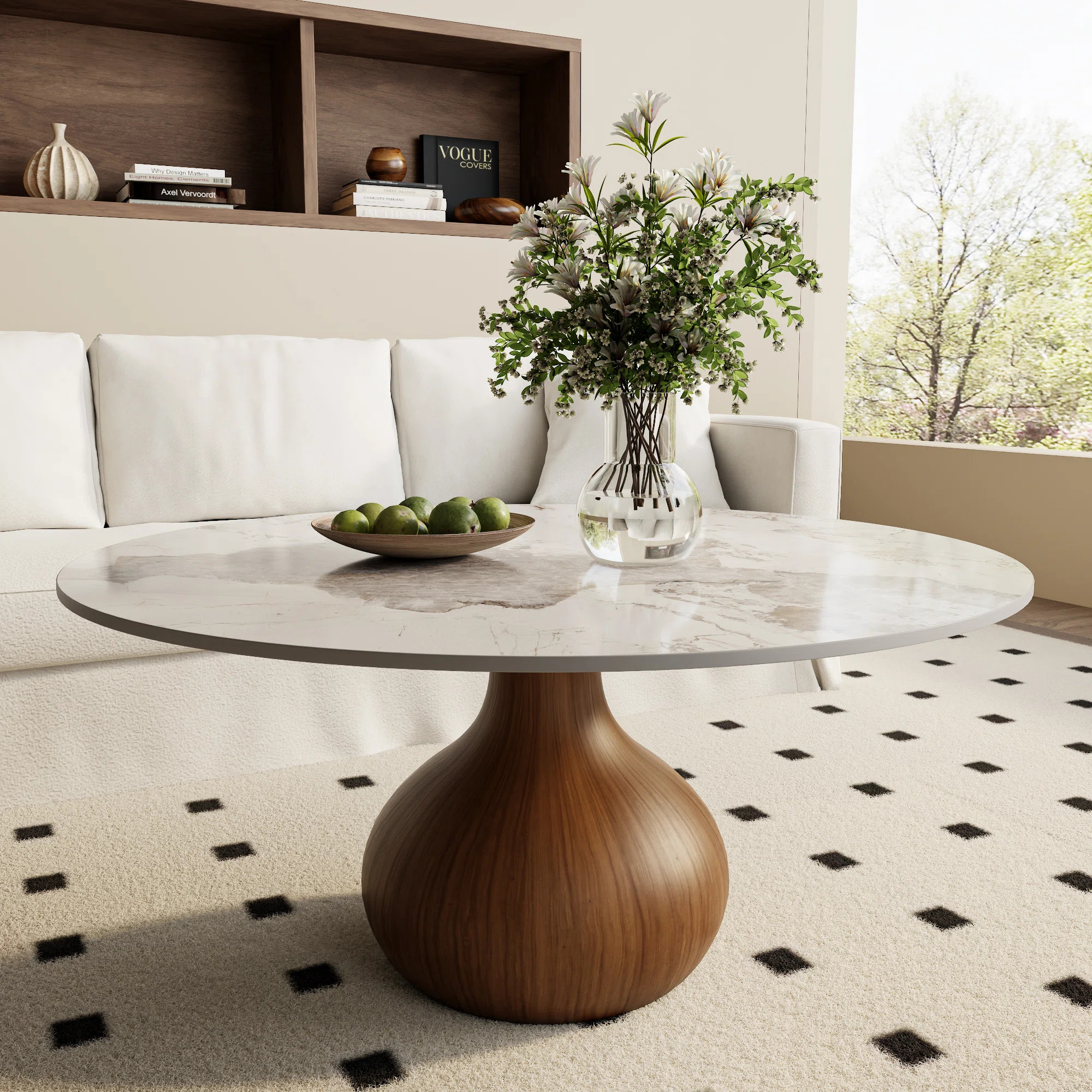 Round Mid-Century Modern Solid Wood Pedestal Base Coffee Table With Marble Effect Stone Top | Wayfair North America