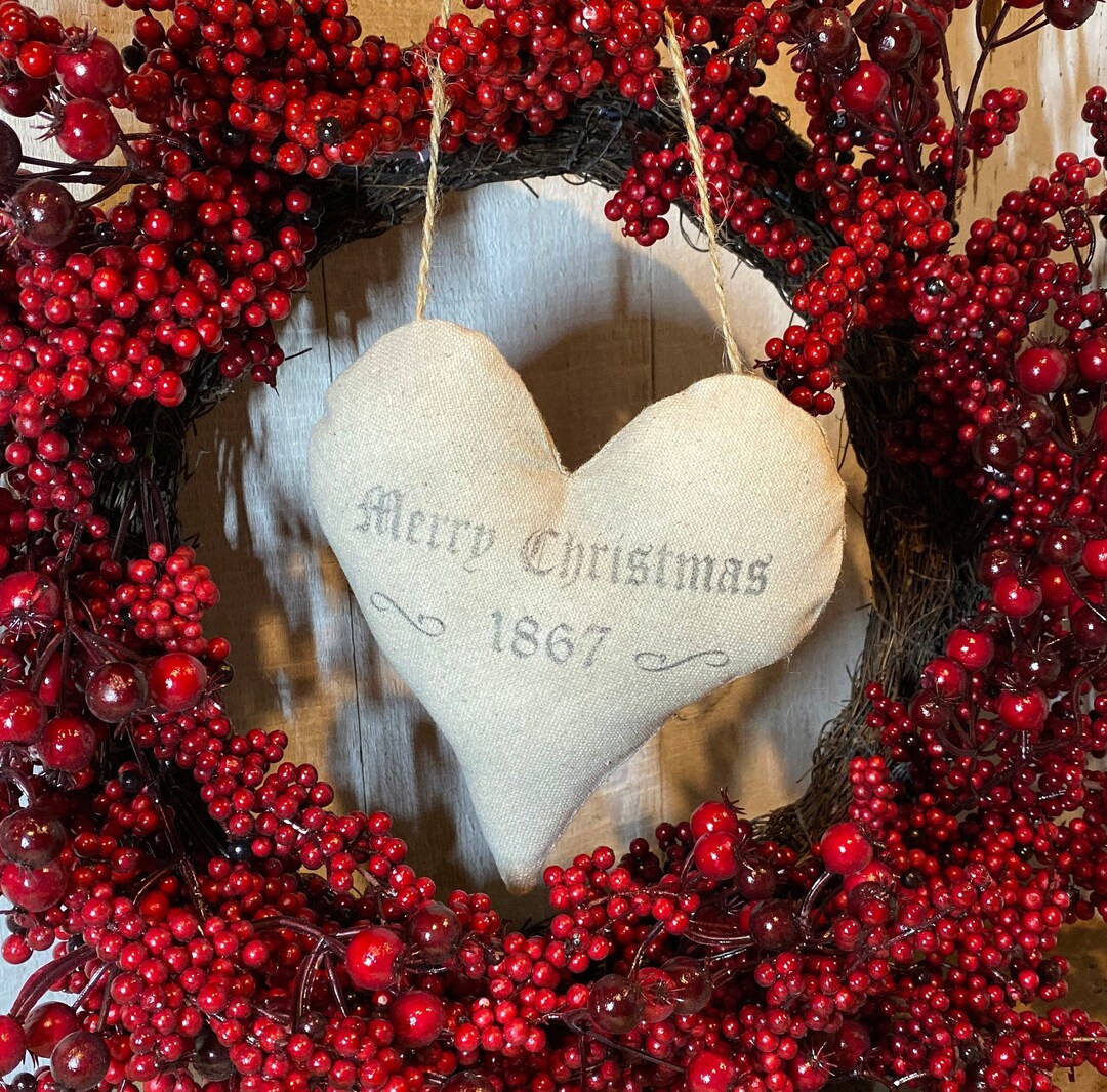 Primitive Grainsack Merry Christmas Heart, Grain Sack Ornament, Winter Holiday Decor, Prim Peg Ha... | Etsy (US)