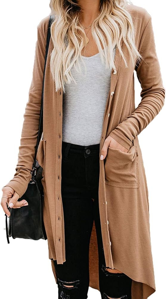 Naggoo Women's Long Cardigans Button Down High Low Solid Knit Loose Cardigans with Pockets | Amazon (US)