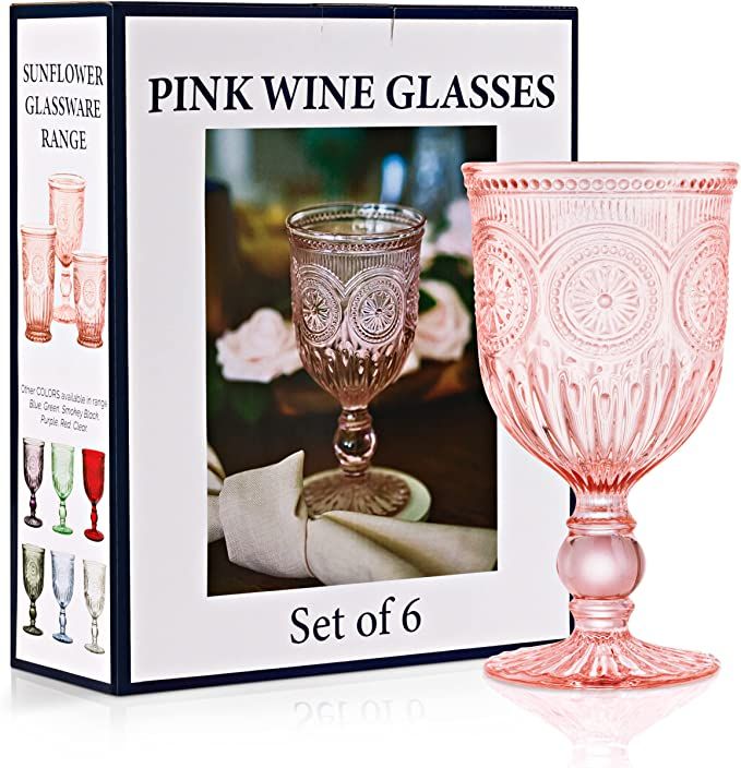 Pink Wine Glasses set of 6 pink goblets, dishwasher safe colored pink glassware, vintage style fo... | Amazon (US)