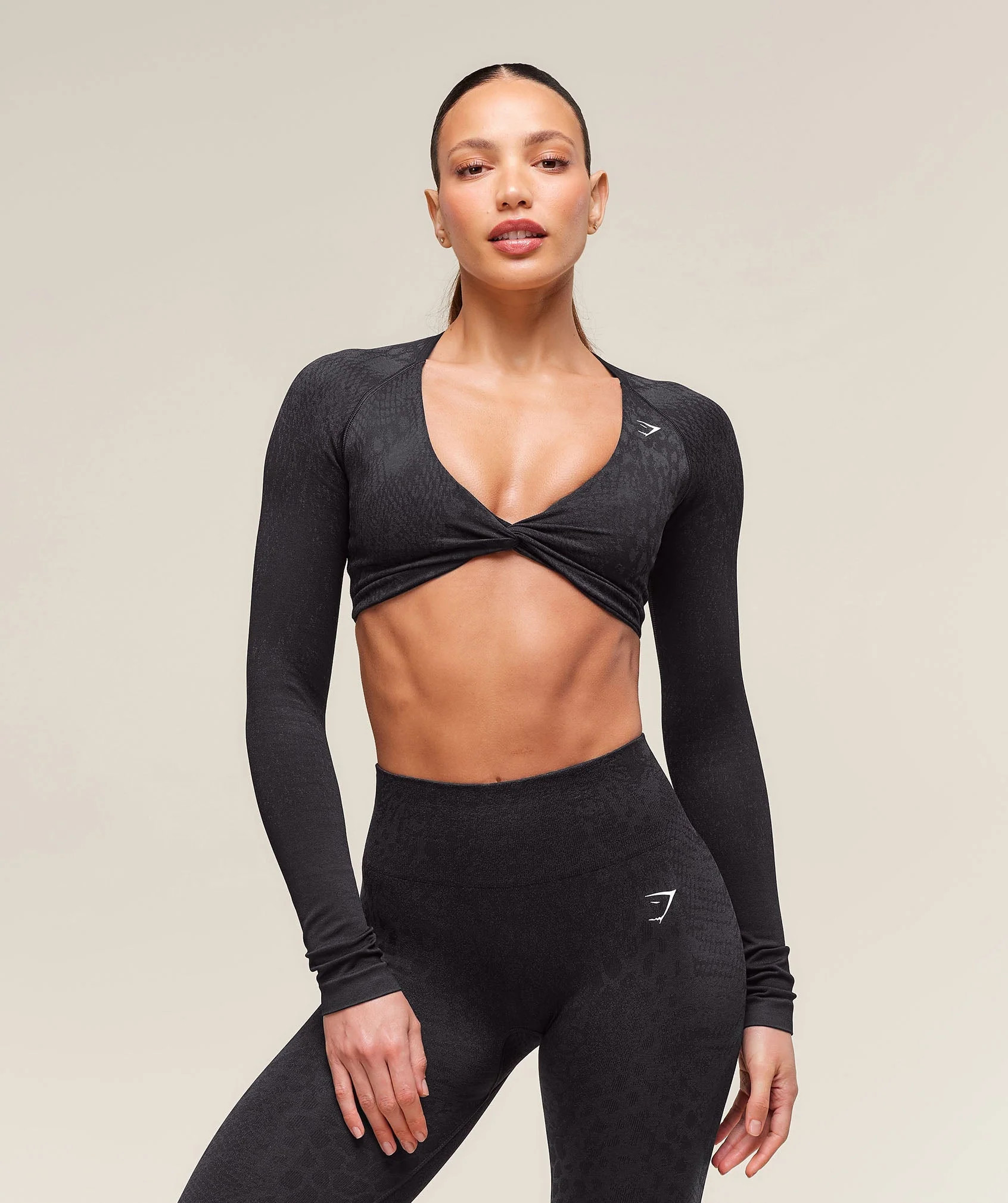 Gymshark Adapt X Whitney Animal Seamless Long Sleeve Top - Black/Asphalt Grey | Gymshark US