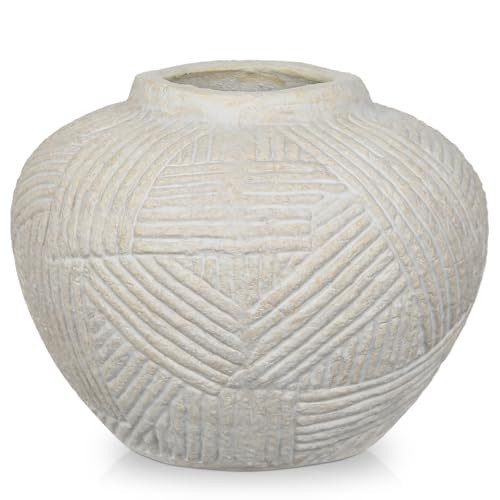 5" Rustic Ceramic Vase for Flowers with Linear Sculpture, Round Terracotta Vase in Retro Farmhouse Style, Small Pottery Vase for Home Living Room, Shelf & Table Decor, Cream White | Amazon (US)