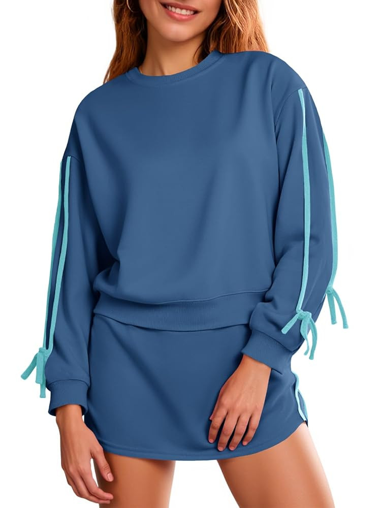 Fisoew Womens 2 Piece Outfits Casual Crewneck Tie Sweatshirt High Waisted Running Skort Skirts Wo... | Amazon (US)