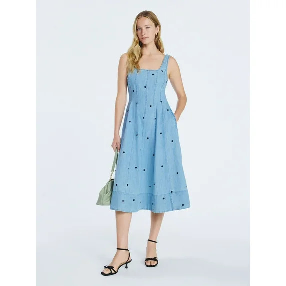 Free Assembly Women's and Women's Plus Embroidered Denim Panel Midi Dress, Sizes XS- 4X | Walmart (US)
