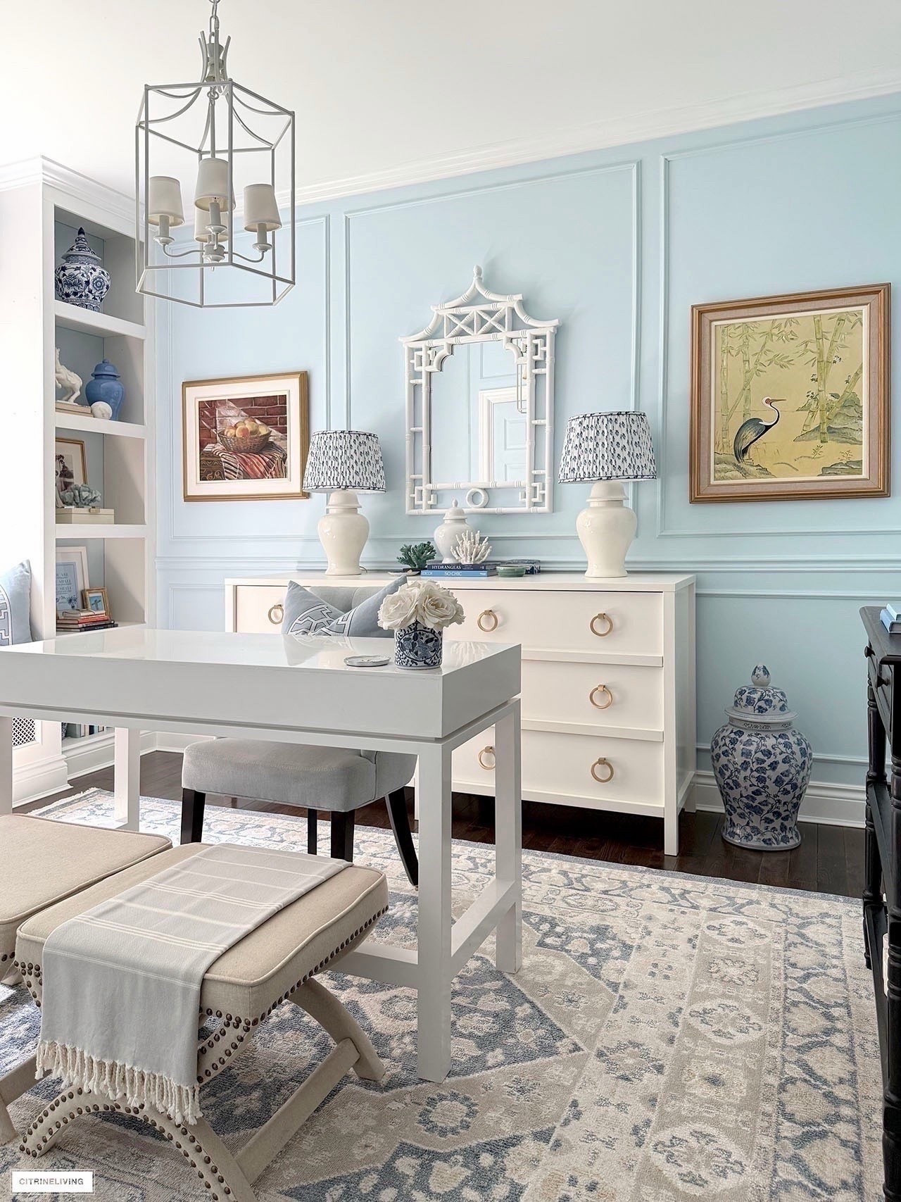 Chic layered home office!
A beautiful rug, colorful art, pops of pattern💙  

#LTKHome #LTKSeasonal