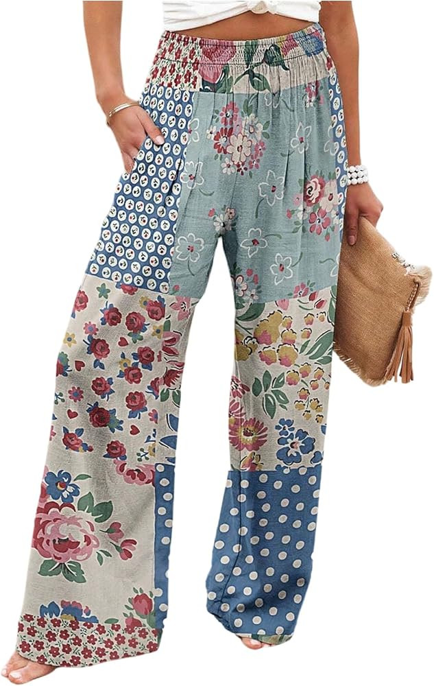 GORGLITTER Women's Floral Patchwork Pants Boho Wide Leg Colorblock High Waisted Vacation Trousers... | Amazon (US)
