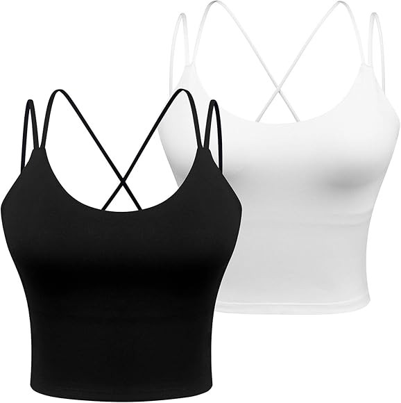 2 Pack Longline Sports Bra for Women - Strappy Wirefree Removable Pads Yoga Camisole Crop Top | Amazon (US)