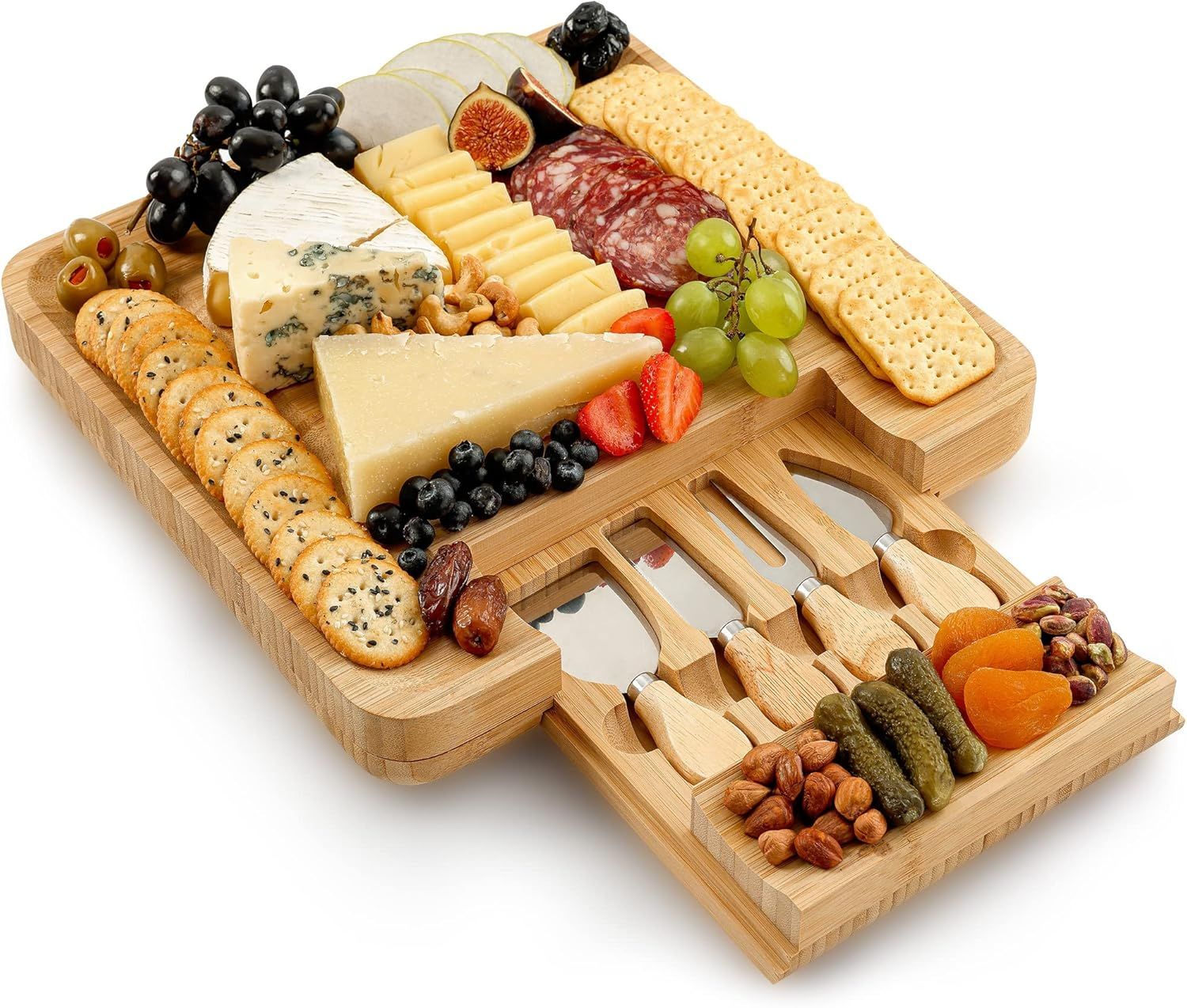Zulay Kitchen Premium Bamboo Cheese Board Set - Extra Thick Bamboo Charcuterie Board Set with 4 P... | Amazon (US)