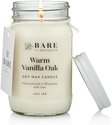 Bare Botanics Warm Vanilla Oak Scented Soy Candle - Premium Candle in 16 oz Mason Jar - 100% Natu... | Amazon (US)