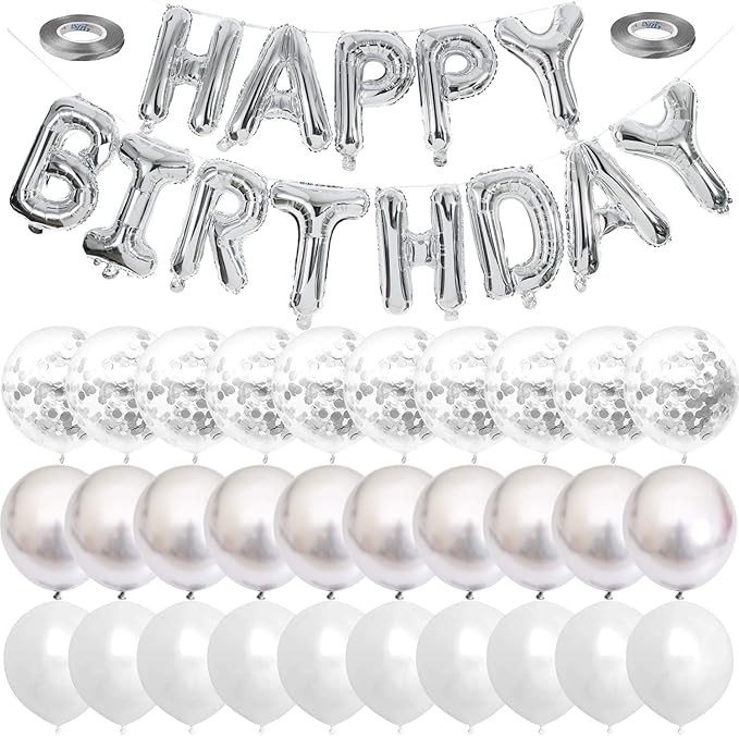 Silver Happy Birthday Balloons Banner White And Silver Confetti Balloons for Birthday Party Decor... | Amazon (US)