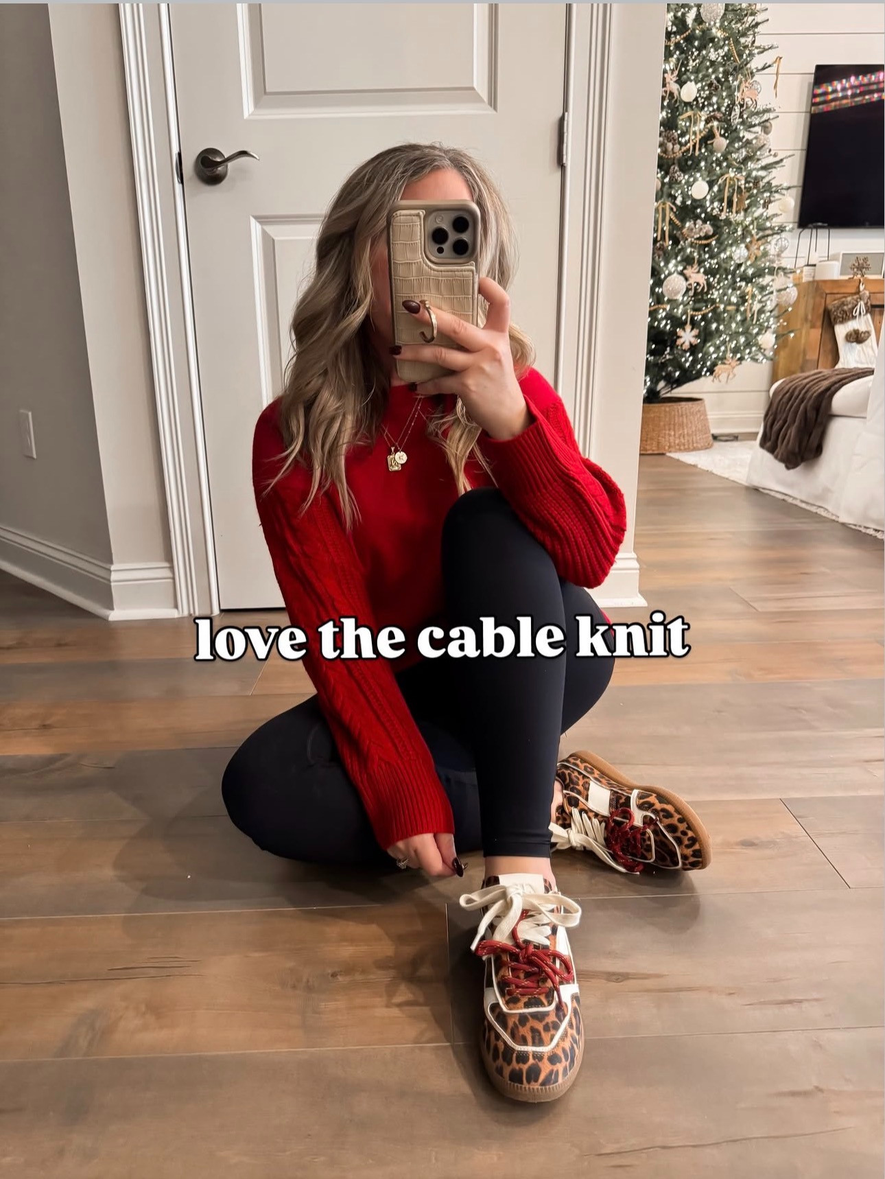 Comfortable winter style! Trending cable knit red sweater, leggings, leopard sneakers, affordable women's clothing finds, look for less, comfy winter style, Amazon fashion. 

 #LTKHoliday #LTKootd #LTKFindsUnder50