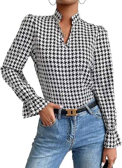 Floerns Women's Houndstooth Print Notched V Neck Long Sleeve Casual Blouse Tops | Amazon (US)