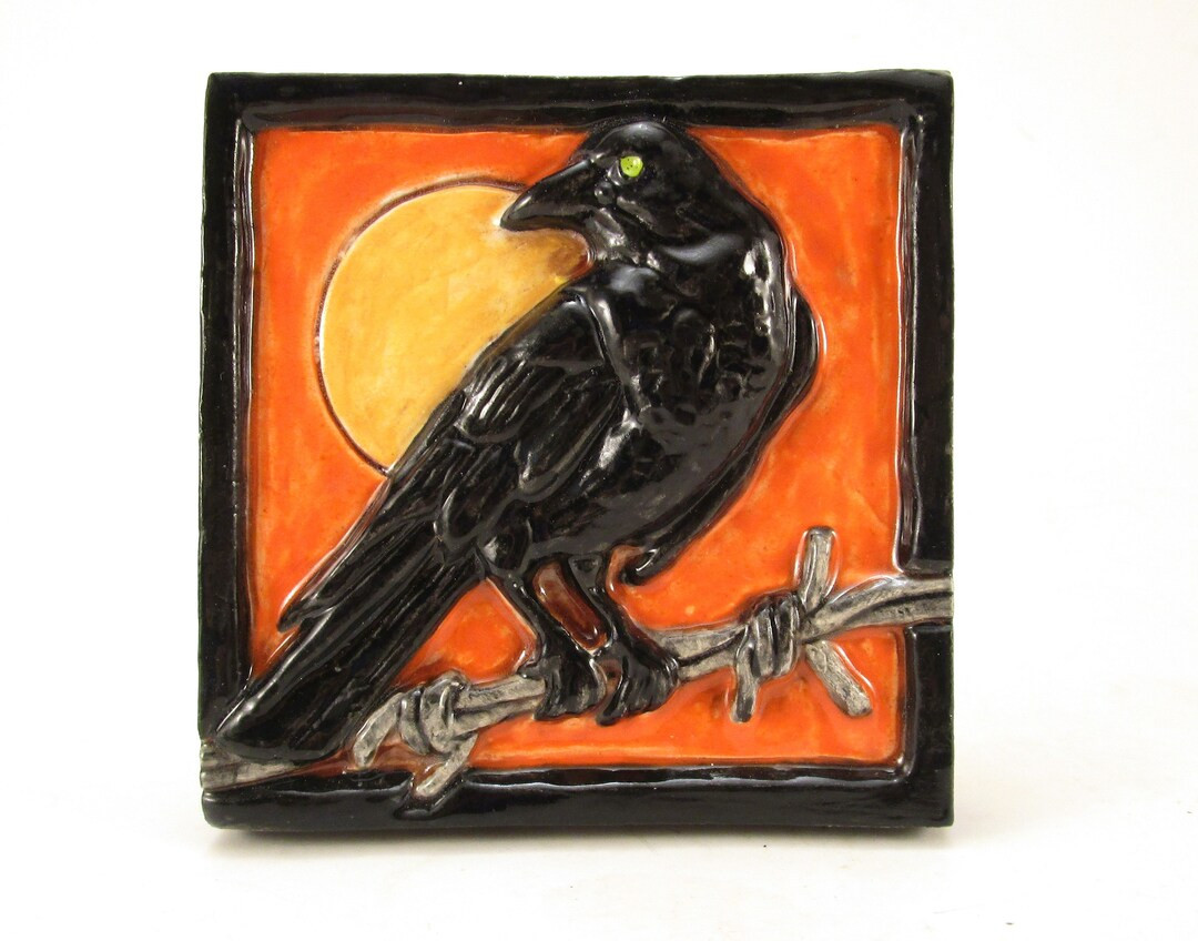 HALLOWEEN RAVEN Ceramic Wall Art Tile -  Halloween Colors, Orange and Black, 4x4 Handmade Old Wor... | Etsy (US)
