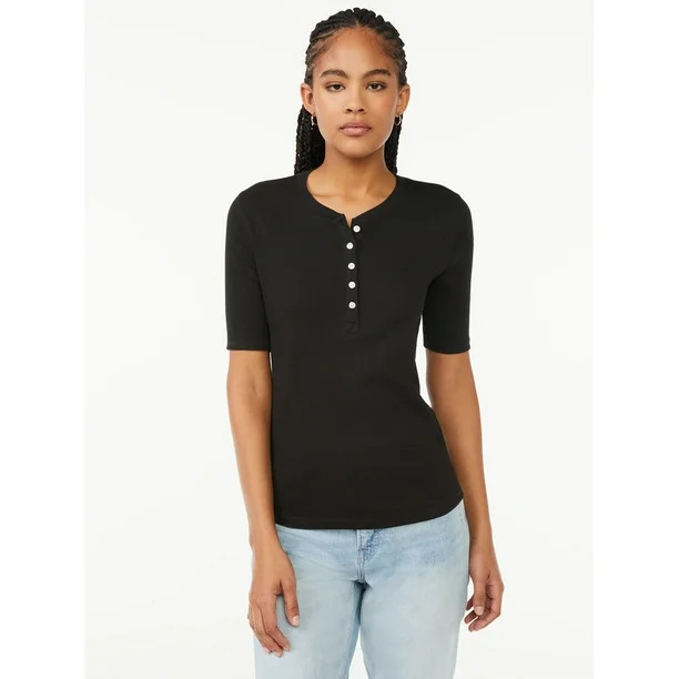 Free Assembly Women's Rib Henley Tee with Short Sleeves | Walmart (US)