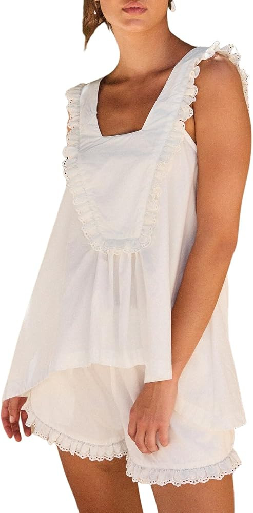 Arssm Womens Pajamas Set 2 Piece Cotton Ruffle Pj Top and Shorts Sleepwear Bridal Pajama Set | Amazon (US)