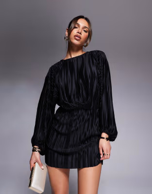 ASOS DESIGN plisse blouson sleeves and waist mini dress in black | ASOS (Global)