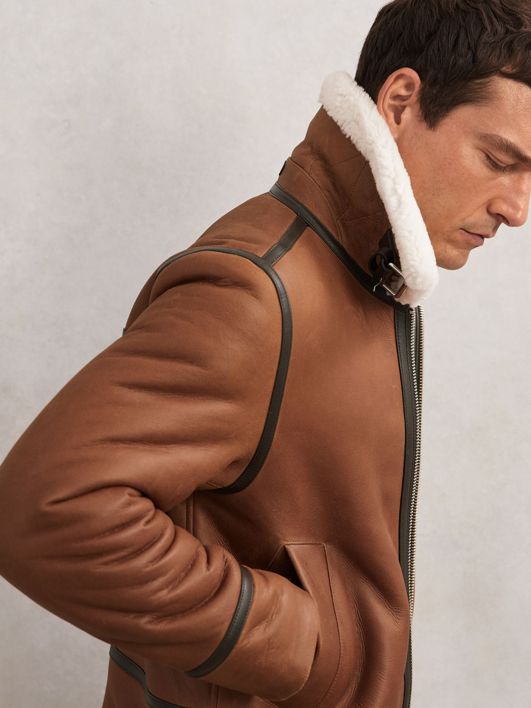 Reiss Leather Shearling-Collar Jacket in Cognac Brown - REISS | Reiss UK