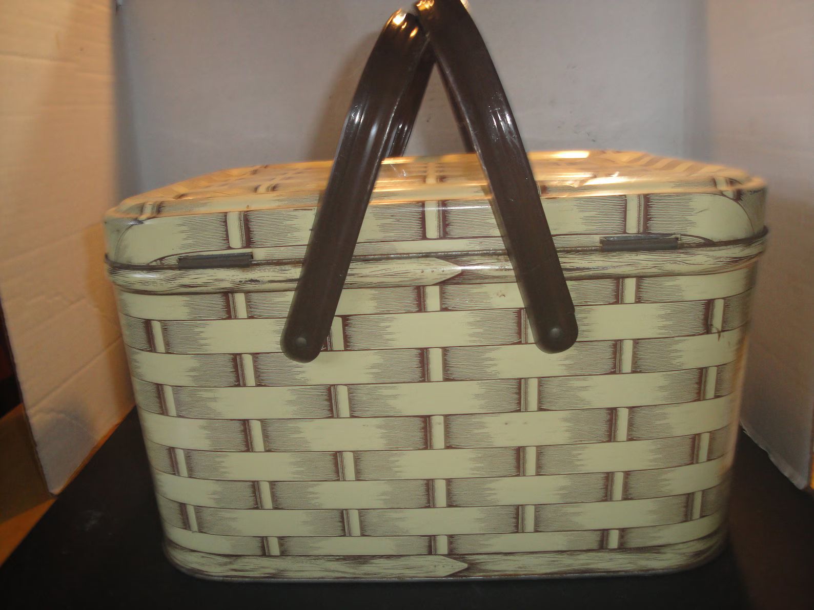 Vintage Wicker Design Basket With Metal Handles, Cute Tin Picnic Hamper Basket Weave Print Litho | Etsy (US)