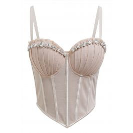Pear-Shaped Rhinestone Pleated Mesh Bra Top in Nude | Chicwish