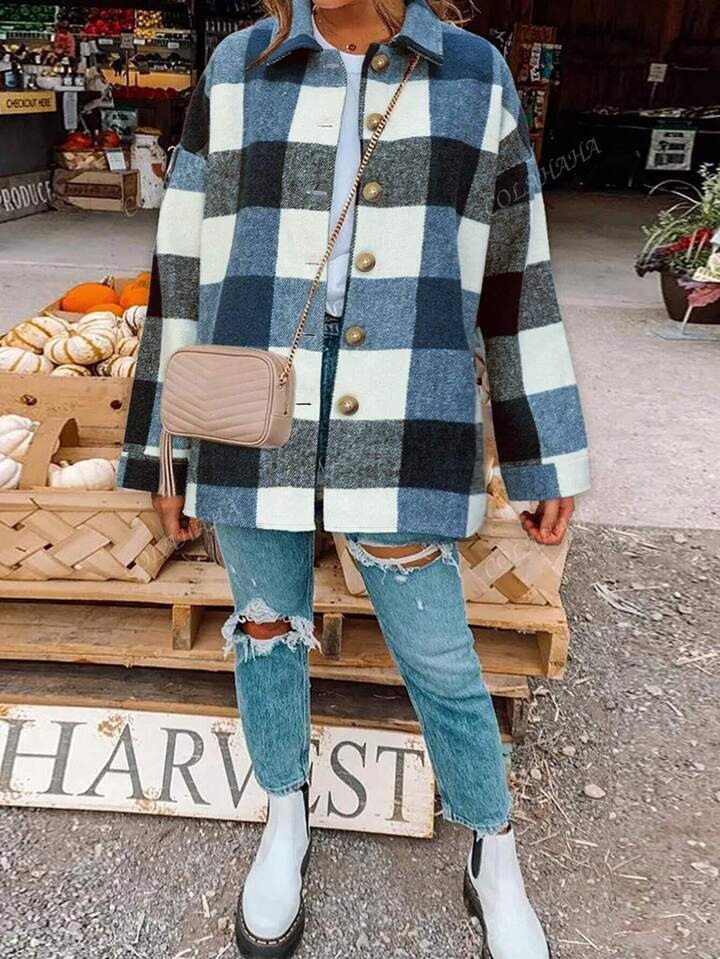 Plus Size Women's Plaid Drop Shoulder Long Sleeve Single-Breasted Casual Jacket, Spring Autumn | SHEIN