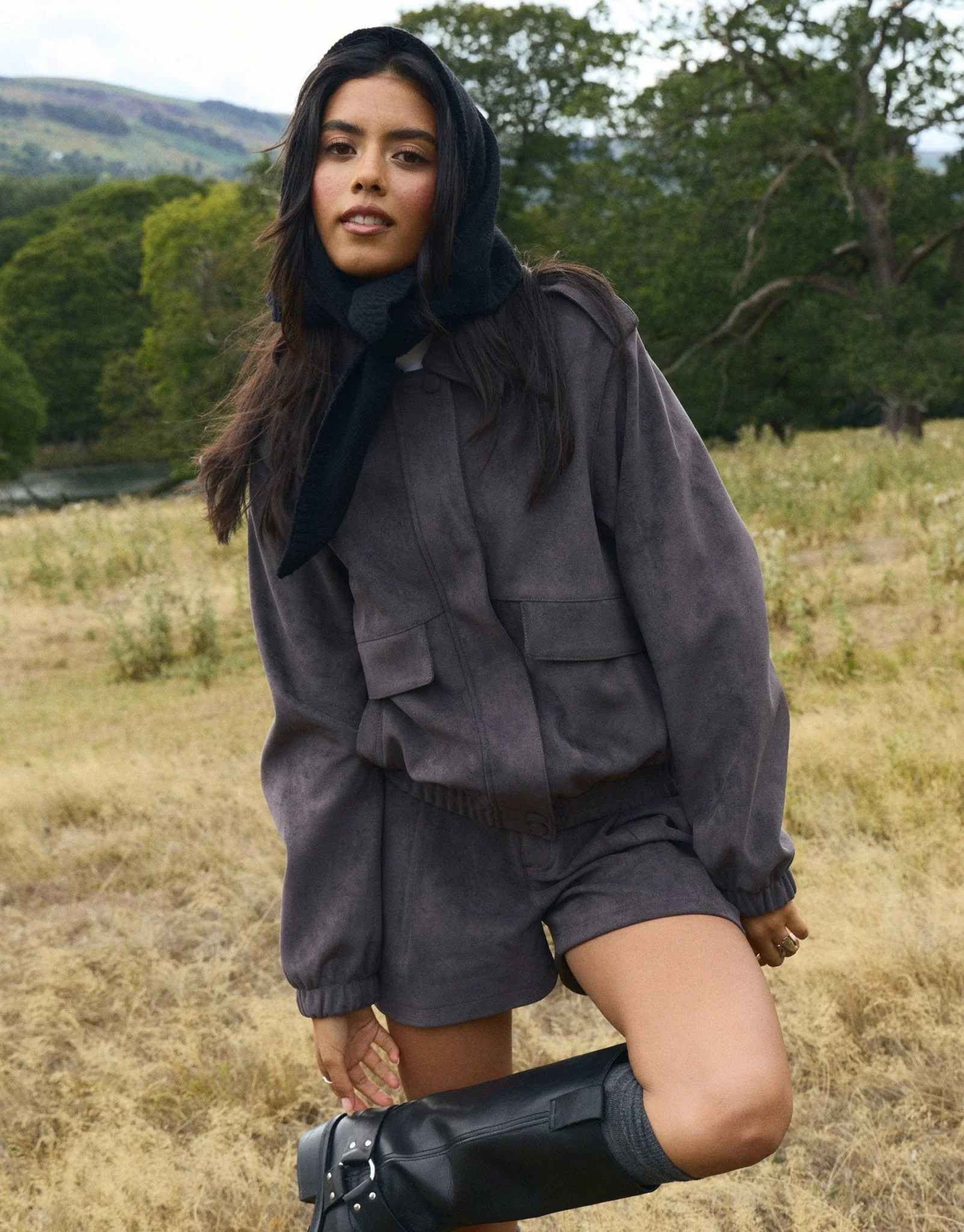 Faux Suede Collared Bomber Jacket in Charcoal Grey | Threadbare UK