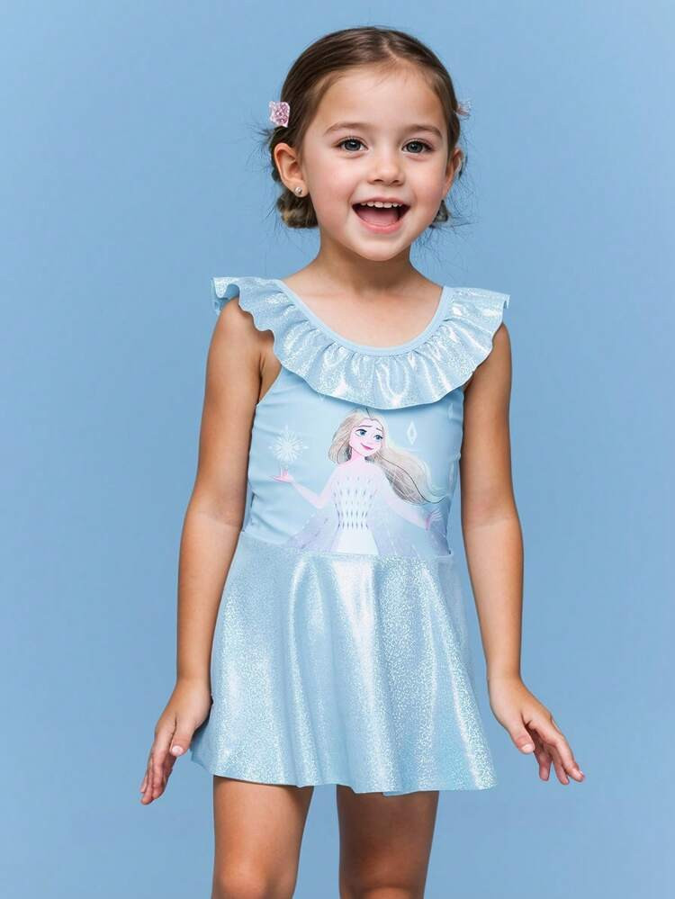 Balabala Young Girls' One-Piece Swimsuit With Swimming Cap, Princess Style Swimwear, Ruffled Collar, UV Protection, Shimmery Fairy-Like Swimsuit | SHEIN