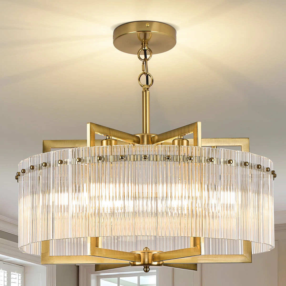 24" Gold Chandelier - 3D Grille Textured Crystal Border, 6-Light Adjustable For Sloped Ceilings | Wayfair North America