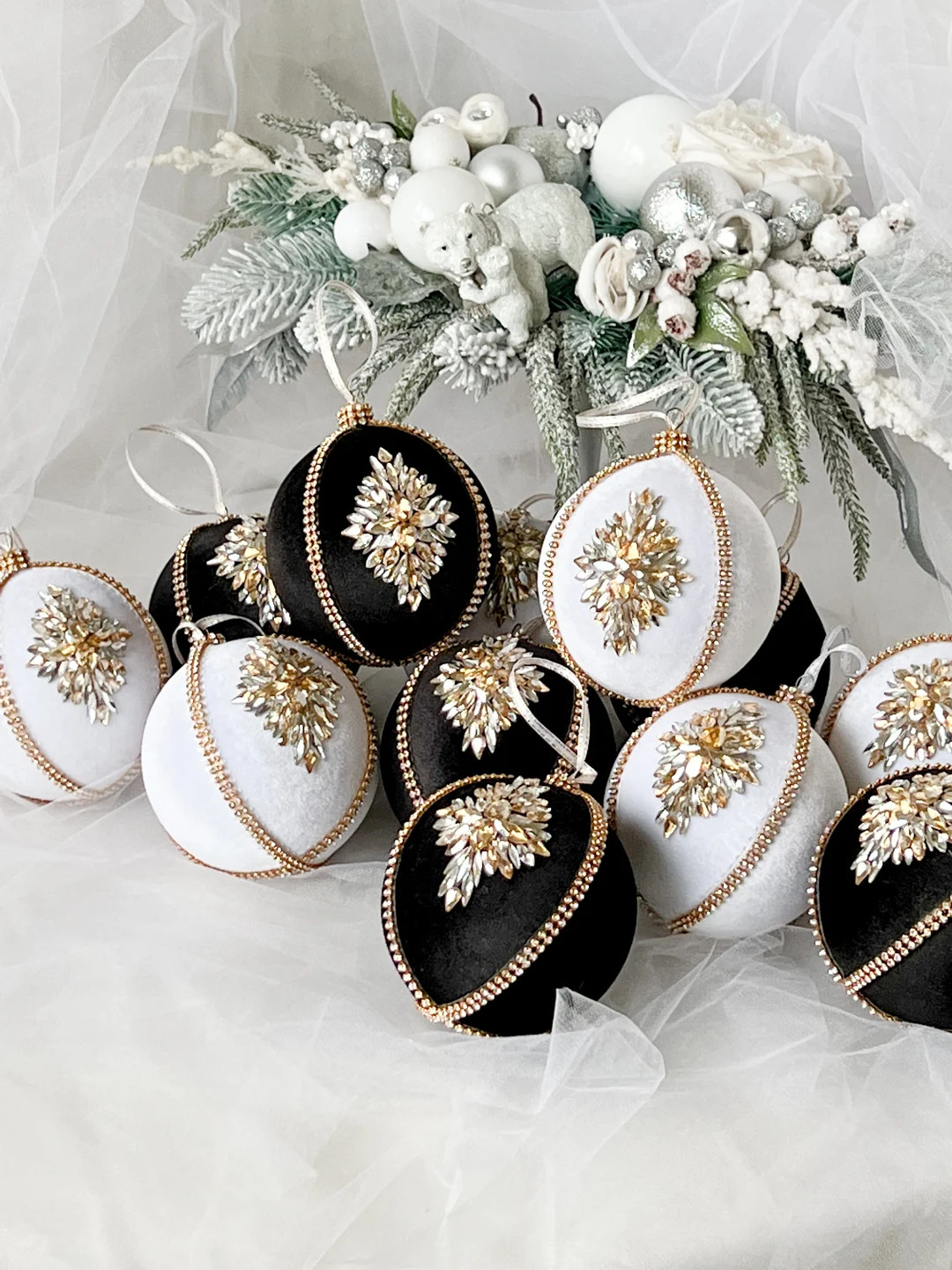 Christmas Black and White Rhinestones Ornaments 3.97/ 3,15 /christmas Black Balls/ White Velvet T... | Etsy (US)