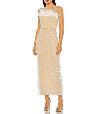 Strapless Embellished Feather Trim Neckline Midi Dress | Dillard's