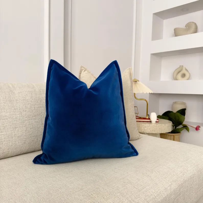 Cotton Velvet Navy Blue Pillow Cover Flanged Deep Blue Cushion Cover Home Decor Lumbar Pillow Cov... | Etsy (Global)