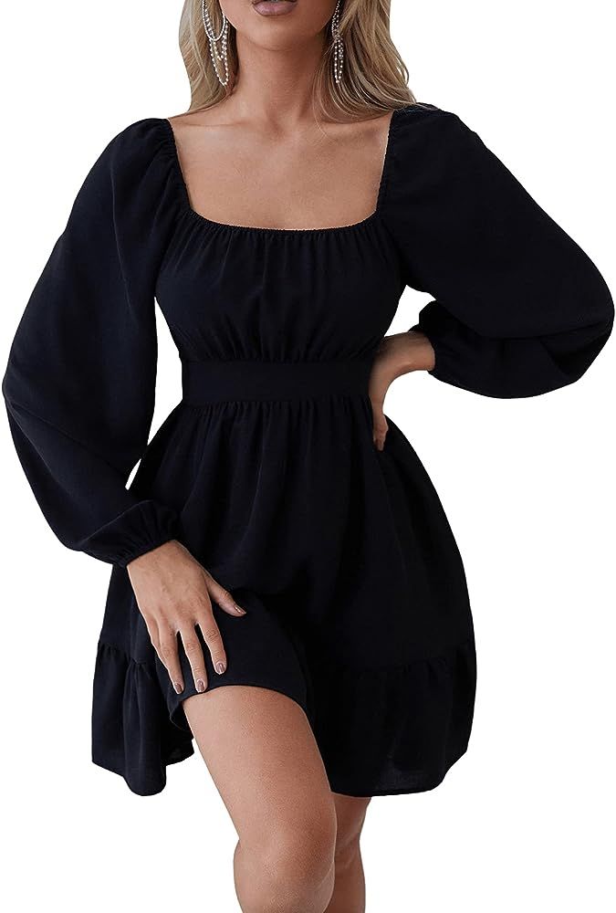 SweatyRocks Women's Basic Long Puff Sleeve Square Neck Ruffle Mini A Line Dress | Amazon (US)
