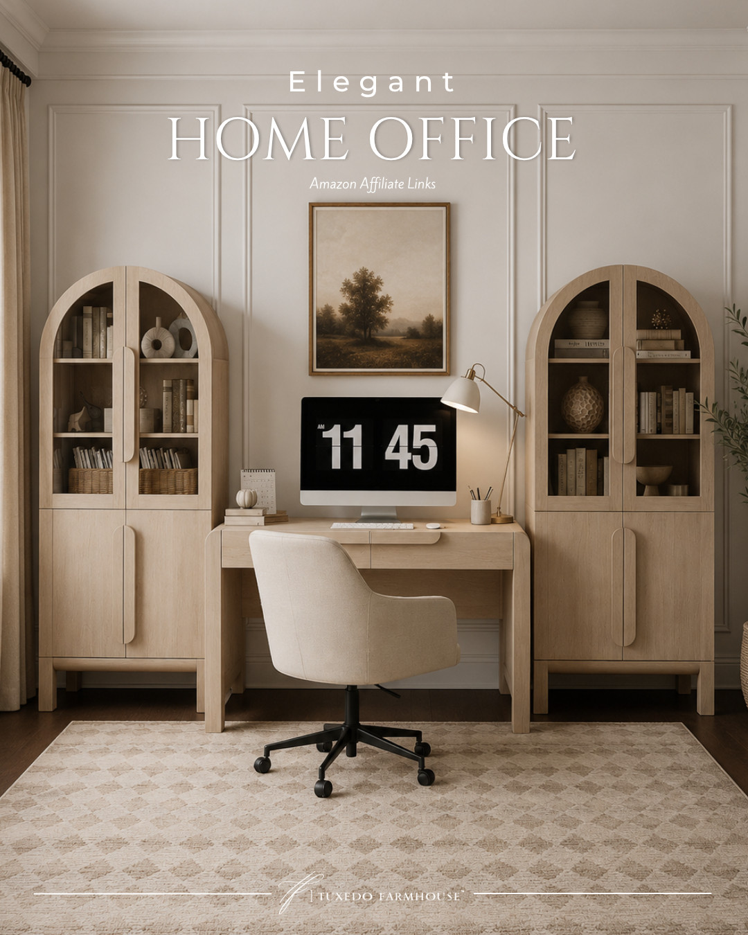 Such a beautiful way to create a home office that feels polished and pulled together! I love the arched cabinets paired with the coordinating desk, soft upholstered chair and neutral patterned rug. The warm wood tones and creamy neutrals make this workspace feel elegant, calm and so inviting. 🤎

#LTKHome #LTKStyleTip #AmazonHome #HomeOffice #OfficeInspo #AmazonFinds #NeutralHome #HomeDecor 

 #LTKSeasonal #LTKHome #LTKSaleAlert