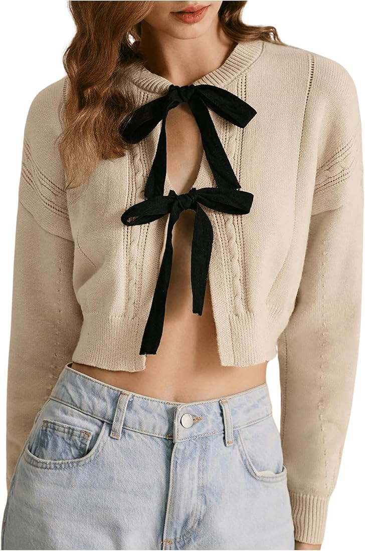 Women's Bow Tie Cardigan Sweater Crew Neck Crop Tops Drop Shoulder Long Sleeve Lightweight Fall O... | Amazon (US)