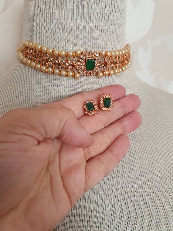 Indian Jewelry Necklace Choker Set Studs Earrings Pearls South | Etsy | Etsy (US)