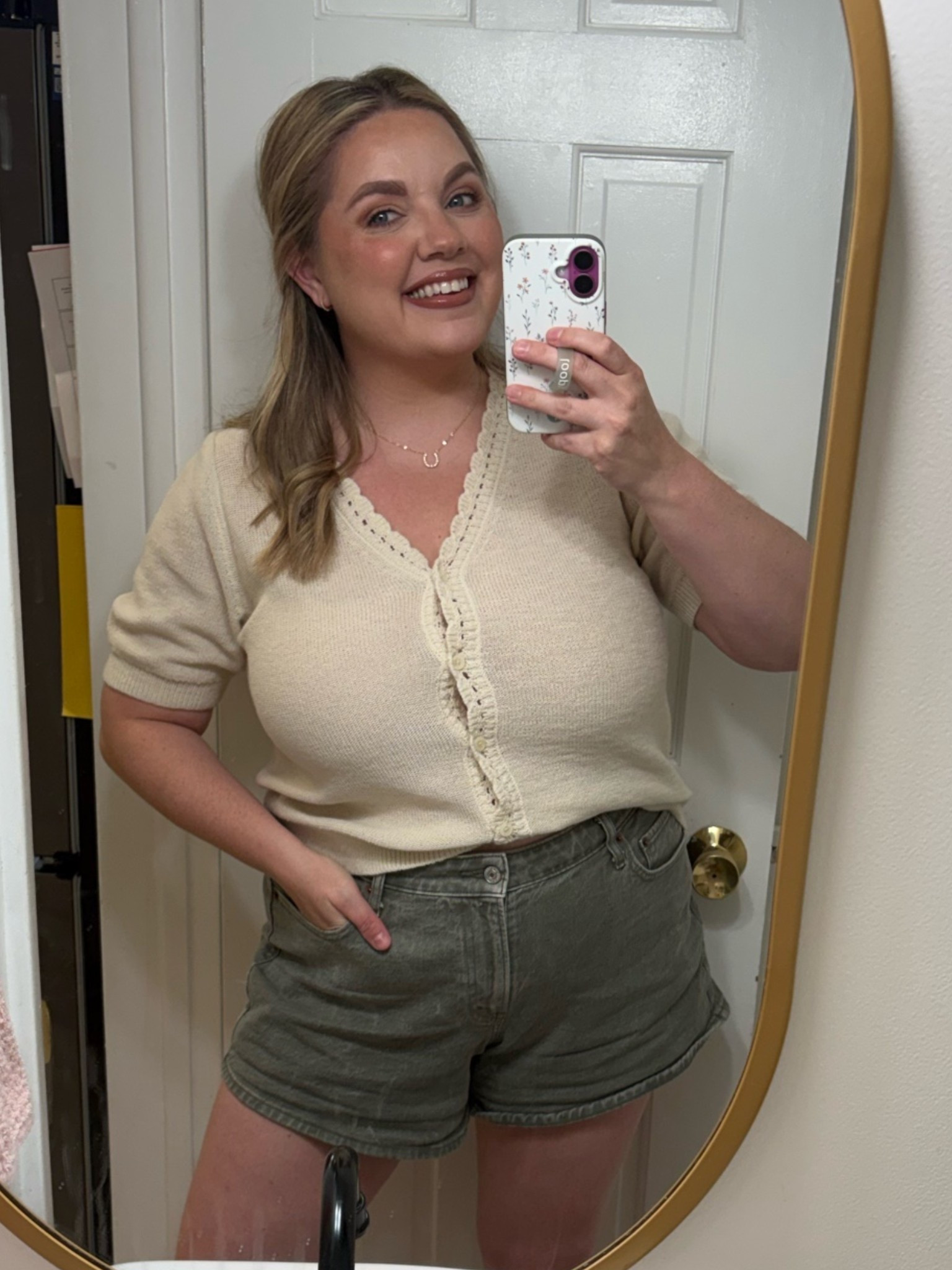 This light weight sweater top is perfect for the transition into fall. Comes in multiple color options 

It has some really cute lace like details along the collar and down the buttons. I also really love the length of the sleeve. 

Top- large 
Shorts-32

#LTKootd #LTKSeasonal #LTKSaleAlert
