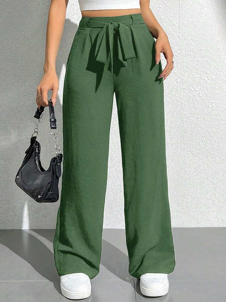 SHEIN PETITE Casual Plain Color Drawstring Waist Straight Leg Pants | SHEIN