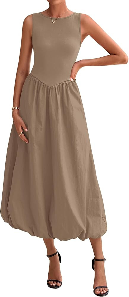 BTFBM Women's 2026 Summer Casual Sleeveless Midi Dress Patchwork Knit Tank Bubble Long Flowy Beac... | Amazon (US)