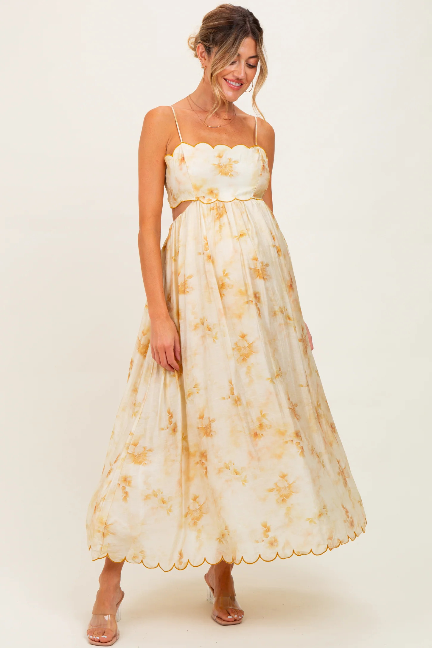 Yellow Faded Floral Scallop Edge Cutout Maternity Midi Dress | PinkBlush Maternity
