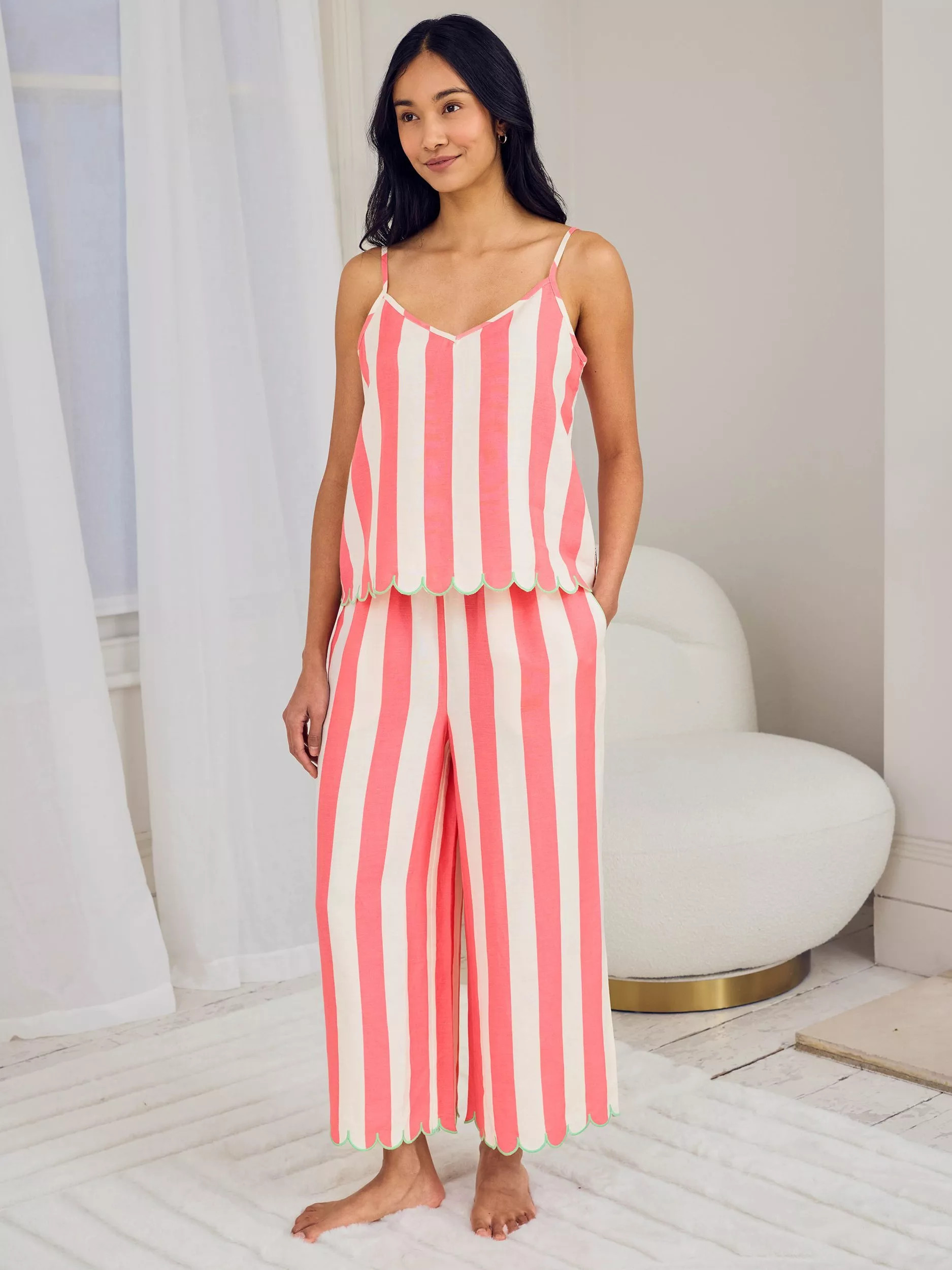 Chelsea Peers Stripe Scallop Linen Rich Long Pyjama Set, Bright Pink | John Lewis (UK)